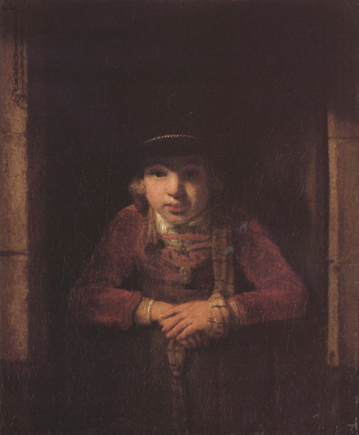 Samuel van hoogstraten A Young Man wearing a Hat decorated with Pearls and a gold Medallion in a Half-Door (mk33)